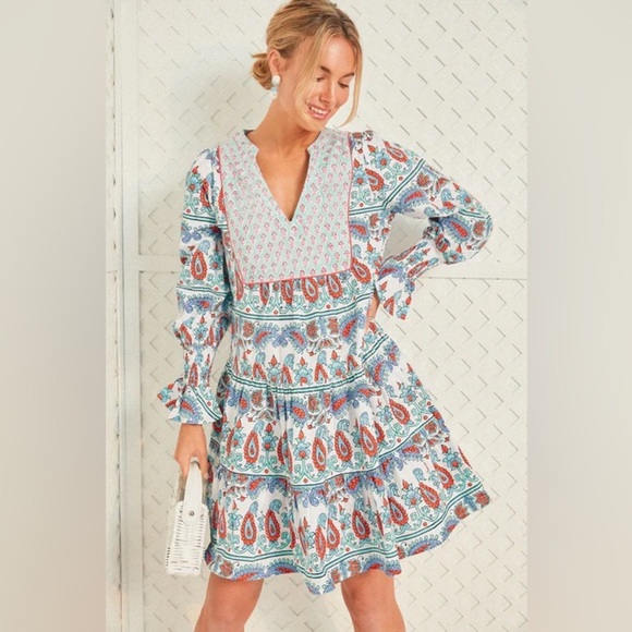 TNUCK BEACH Tuckernuck Teal and Seagrass Block Print Kenzo Dress - Picture 1 of 5